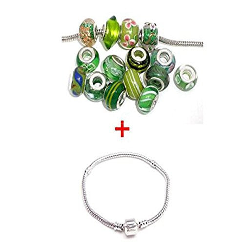 7.0 inch Bracelet + Ten Pack of Assorted Green Glass Lampwork, Murano Glass Beads