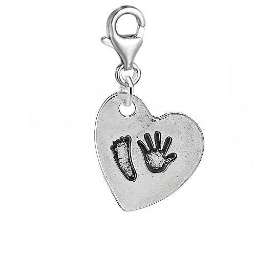 Foot and Hand Print on Heart Clip on Pendant for European Charm Jewelry with Lobster Clasp