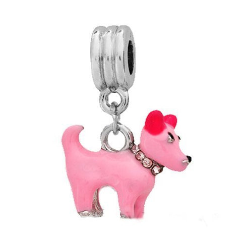 Beautiful 3D Pink Enamel Dog W/Pink  Rhinestone Collar Dangle European Bead Compatible for Most European Snake Chain Charm Bracelet - Sexy Sparkles Fashion Jewelry - 2