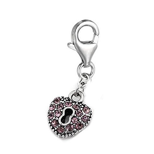 Clip on Heart Lock Purple Charm Pendant for European Jewelry w/ Lobster Clasp