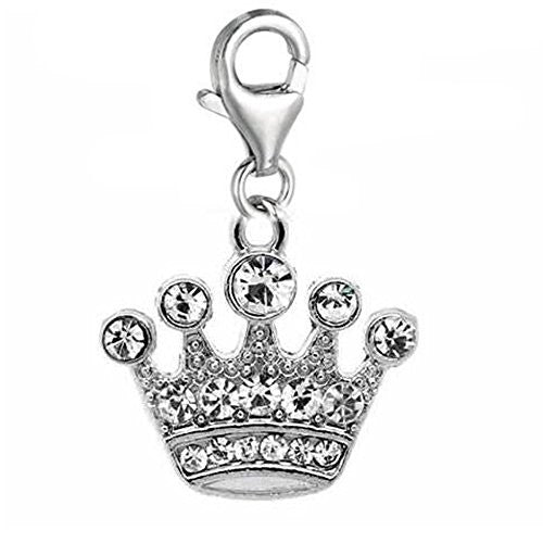 Clip on Rhinestone Crown Dangle Charm Pendant for European Clip on Charm Jewelry w/ Lobster Clasp