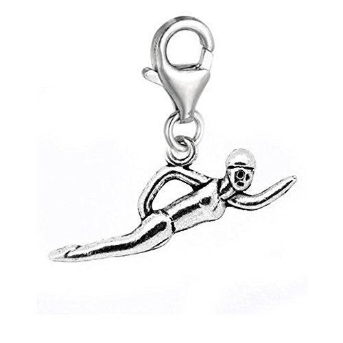 Clip on Swimmer Dangle Charm Pendant for European Clip on Charm Jewelry w/ Lobster Clasp
