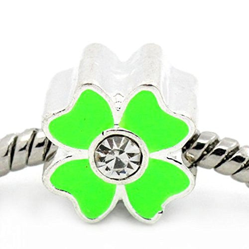 2 Sided Enamel Flower with Diamond Crystals Charm Bead (Green)