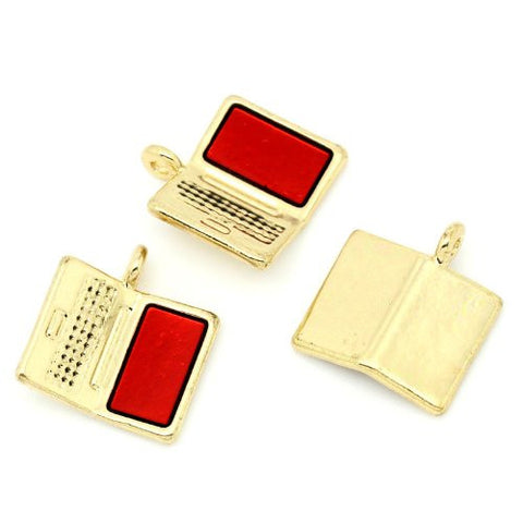 Gold plated base Tone Computer/laptop with Red Enamel Screen Charm Pendant - Sexy Sparkles Fashion Jewelry - 3
