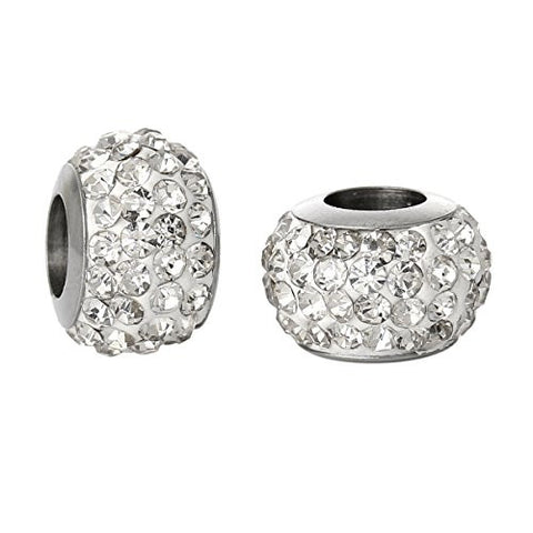 Stainless Steel European Style Charm Beads Round Silver Tone Clear Rhinestone - Sexy Sparkles Fashion Jewelry - 3