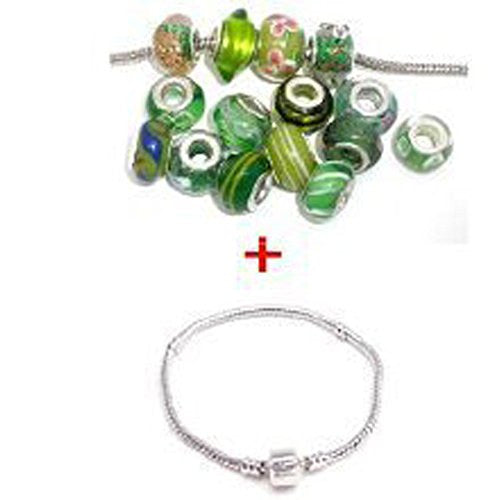8 Inch Bracelet with Ten Assorted Green Glass Lampwork Beads