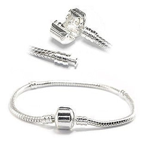 Silver Tone Snake Chain Classic Bead Barrel Clasp Bracelet for Beads Charms.8.5