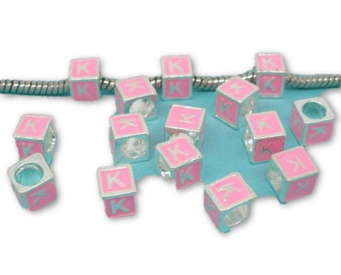 "K" Letter Square Charm Beads Pink Enamel European Bead Compatible for Most European Snake Chain Charm Braceletss - Sexy Sparkles Fashion Jewelry