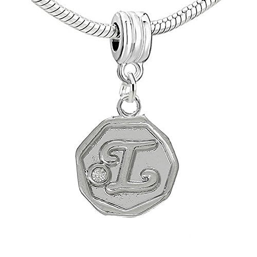 Letter L Carved W/ Clear  Crystal Charm Bead