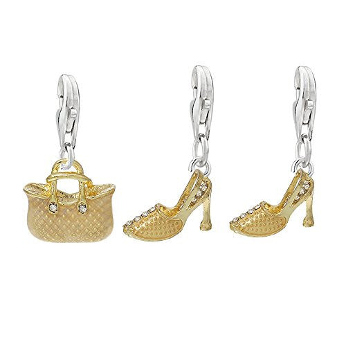 Set of Three (3) Womens Charms tan Handbag and Pair of High Heels Shoes Clip on Pendants for European Charm Jewelry - Sexy Sparkles Fashion Jewelry