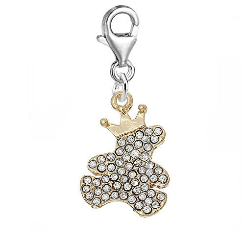 Gold Teddy Bear with Crown Clip on Pendant with Lobster Clasp