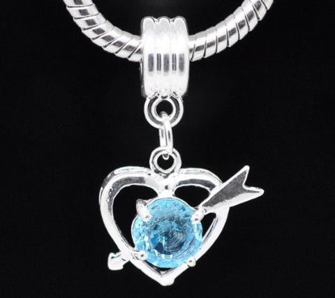 Tourquise Rhinestone Cupid Heart Dangle Charm European Bead Compatible for Most European Snake Chain Bracelet - Sexy Sparkles Fashion Jewelry - 2