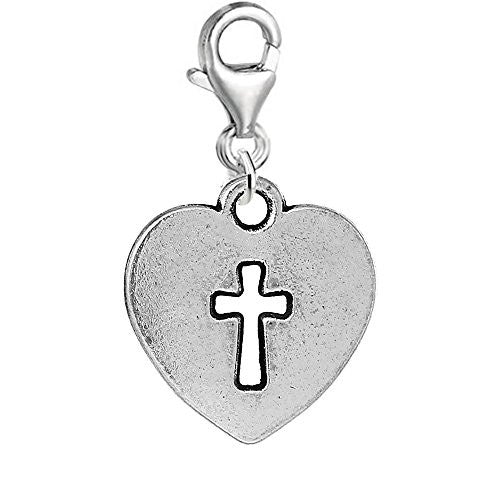 Silver Tone Heart Carved Cross Clip on Pendant Charm for Bracelet or Necklace - Sexy Sparkles Fashion Jewelry