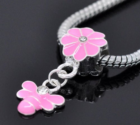 Pink Enamel Flower Bail with Bee Dangle Charm Charm European Bead Compatible for Most European Snake Chain Bracelet. - Sexy Sparkles Fashion Jewelry - 2