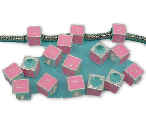 "J" Letter Square Charm Beads Pink Enamel European Bead Compatible for Most European Snake Chain Charm Braceletss - Sexy Sparkles Fashion Jewelry