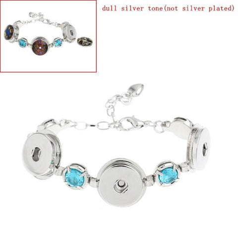 Chunk Lobster Clasp Bracelet Silver Tone Lake Blue Rhinestone & Extender Chain Fit Snaps Chunk Buttons - Sexy Sparkles Fashion Jewelry - 2