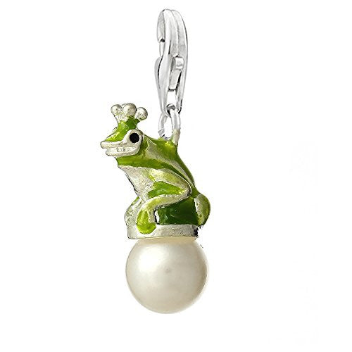 Green Frog Sitting on Imitation Pearl Clip on Pendant Charm for Bracelet or Necklace