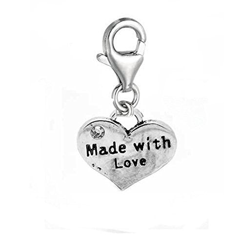 Heart 2 Sided w/ Clear  Crystal Stones Made With Love Charm Clip On Pendant w/ Lobster Clasp