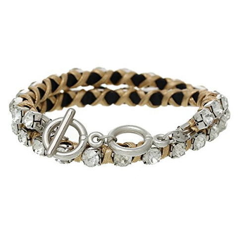 Cowhide Leather Toggle Clasp Bracelet Golden Clear Rhinestone 42cm(16 4/8") - Sexy Sparkles Fashion Jewelry - 2
