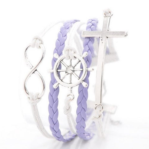 Wax Rope Braiding Bracelet Mixed W/Antique Silver Cross & Infinity Symbol & Rudder Findings 20cm(7 7/8")long - Sexy Sparkles Fashion Jewelry - 2