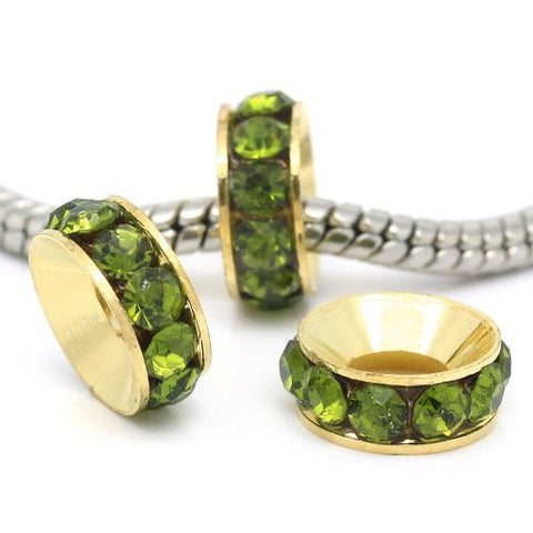 Copper Rhinestone Rondelle Spacer Beads Round Gold Plated W/Green Rhinestone - Sexy Sparkles Fashion Jewelry - 2