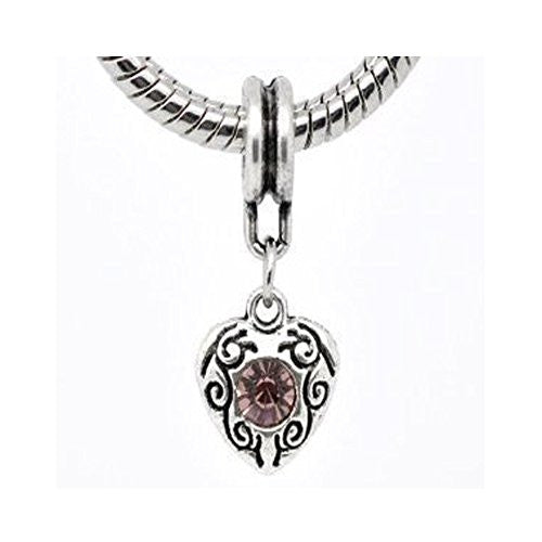 Heart Amethyst Rhinestone February Dangle Bead European Bead Compatible for Most European Snake Chain Bracelet