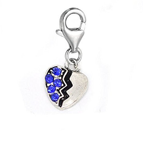 Clip-on Blue Rhinestone Heart Charm Pendant for European Clip on Charm Jewelry w/ Lobster Clasp