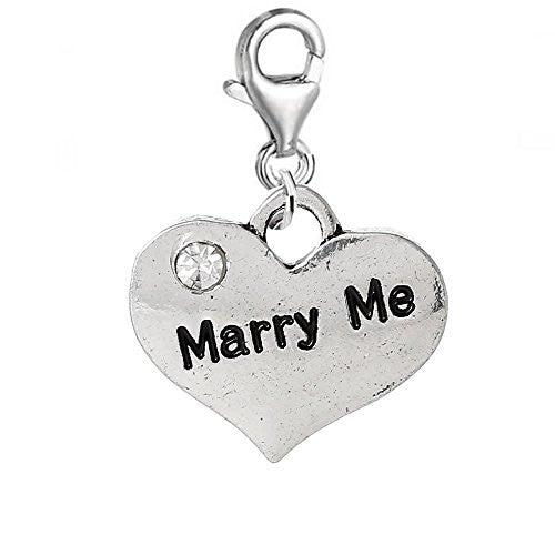 Clip on Mary Me Wedding Heart w/ Clear  Crystals Charm Pendant for European Clip on Jewelry w/ Lobster Clasp - Sexy Sparkles Fashion Jewelry