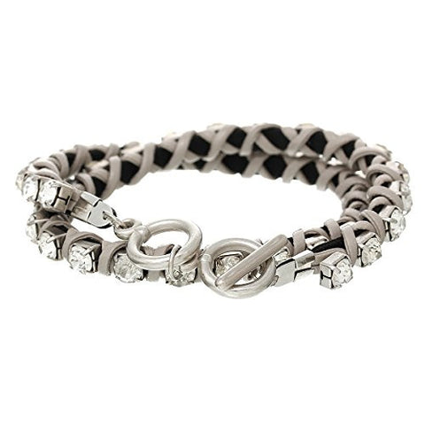Cowhide Leather Toggle Clasp Bracelet Gray Clear Rhinestone 44cm(17 3/8") - Sexy Sparkles Fashion Jewelry - 2