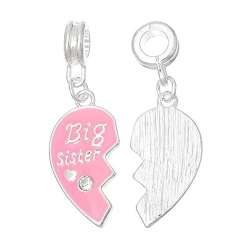Big Sister Pink Heart with  Crystal Dangle Charm European Bead Compatible for Most European Snake Chain Bracelet - Sexy Sparkles Fashion Jewelry - 2