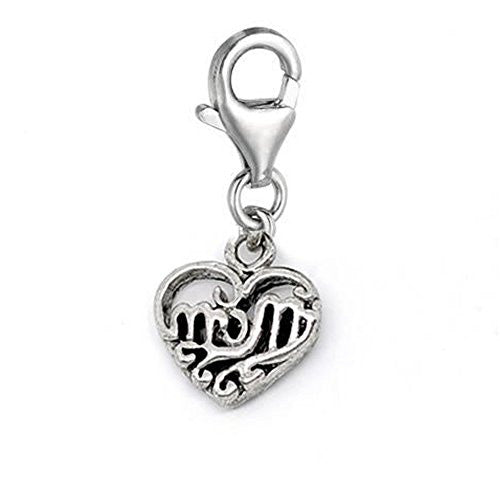 Clip on Mom Heart Dangle Charm Pendant for European Clip on Charm Jewelry w/ Lobster Clasp
