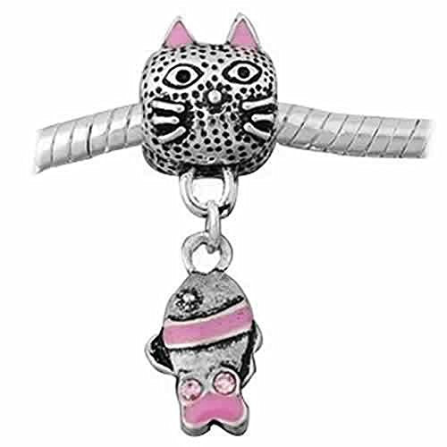 Cat with Fish Dangle Pink Enamel Charm European Bead Compatible for Most European Snake Chain Bracelet - Sexy Sparkles Fashion Jewelry