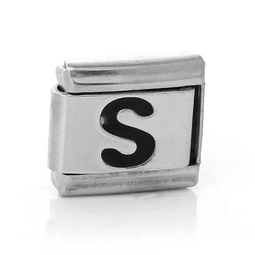 Italian Charm Bracelet Link Square Silver Tone Alphabet Letter (S)