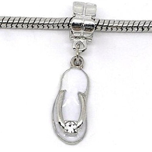 Beach "Sandal" Charm W/Rhinestone White Enamel Bead Charm Spacer for Snake Chain Charm Bracelet - Sexy Sparkles Fashion Jewelry - 1