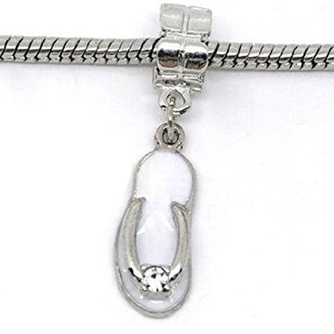 Beach "Sandal" Charm W/Rhinestone White Enamel Bead Charm Spacer for Snake Chain Charm Bracelet - Sexy Sparkles Fashion Jewelry - 1
