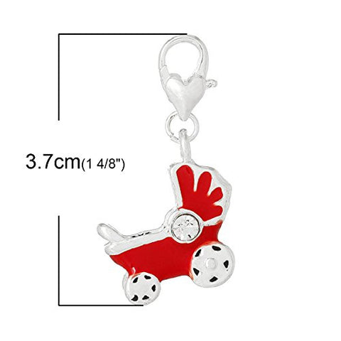 Enamel Red Baby Carriage w/  Crystal Clip On Charm for European Charm Jewelry w/ Lobster Clasp - Sexy Sparkles Fashion Jewelry - 3