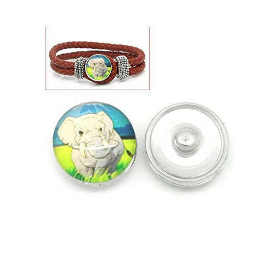 Elephant Design Glass Chunk Charm Button Fits Chunk Bracelet