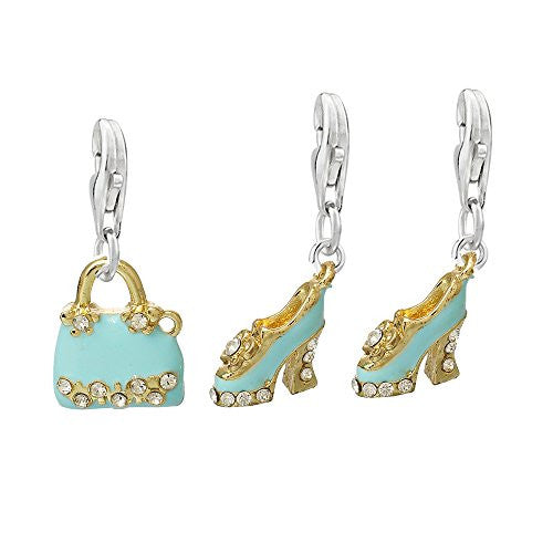 Set of Three (3) Womens Charms Blue Handbag and Pair of High Heels Shoes Clip on Pendants for European Charm Jewelry - Sexy Sparkles Fashion Jewelry