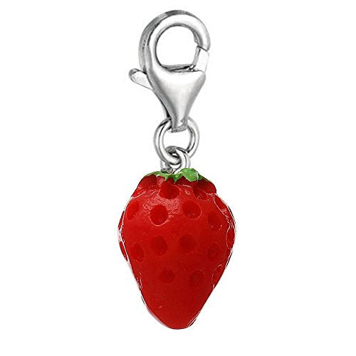 Resin Strawberry Red Fruit Clip on Charm Pendant for European Jewelry w/ Lobster Clasp
