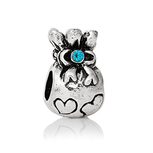 Money Bag w/ Hearts and Blue Crystals European Bead Compatible for Most European Snake Chain Bracelet