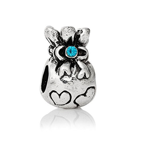 Money Bag w/ Hearts and Blue Crystals European Bead Compatible for Most European Snake Chain Bracelet - Sexy Sparkles Fashion Jewelry - 1