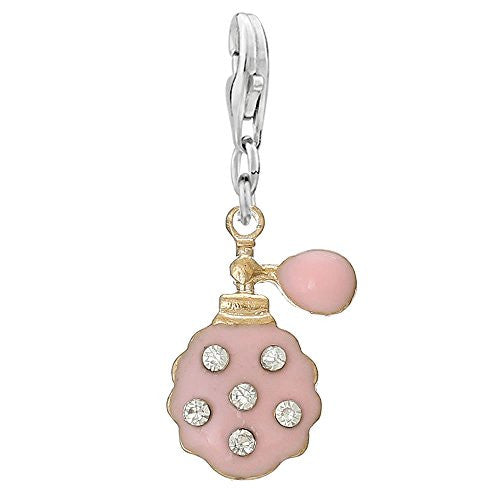 Perfume Bottle Light Golden Enamel Pink with Clear Rhinestone Charm Pendant w/ Lobster Clasp