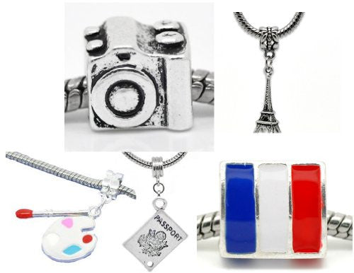Set of 5 Charms Trip to Paris Charm Beads For Snake Chain Bracelet