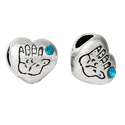 Heart w/ Hand Print and  Crystal Bead Compatible for Most European Snake Chain Bracelet (Blue) - Sexy Sparkles Fashion Jewelry - 2