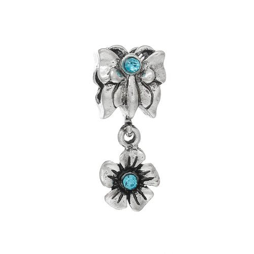 Butterfly with Flowercharm Bead w/ Light Blue Crystals Compatible W/most European Snake Chain Bracelet - Sexy Sparkles Fashion Jewelry - 1