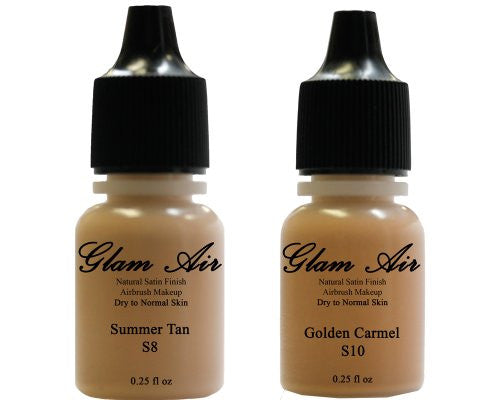 Airbrush Makeup Foundation Satin S8 Summer Tan and S10 Golden Carmel Water-based Makeup Lasting All Day 0.25 Oz Bottle By Glam Air