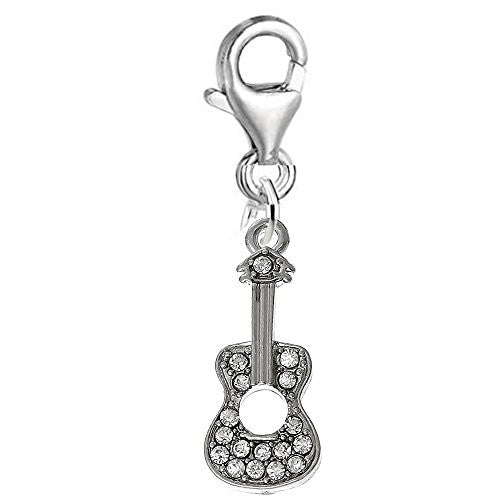 Guitar with Clear  Crystals Clip on Charm Pendant for European Charm Jewelry w/ Lobster Clasp