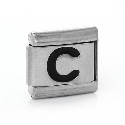 Italian Charm Bracelet Link Square Silver Tone Alphabet Letter (C)