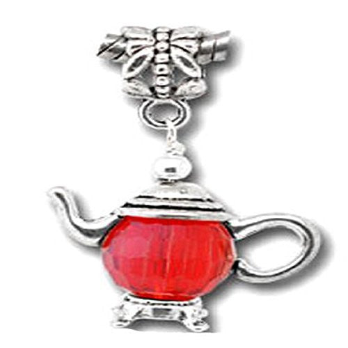 3D Silver Tone Teapot Charm Beads for Snake Chain Bracelet (Red)
