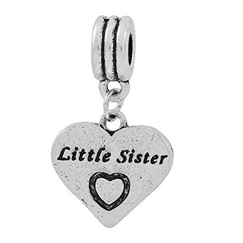 Little Sister Heart Dangle European Bead Compatible for Most European Snake Chain Charm Bracelet
